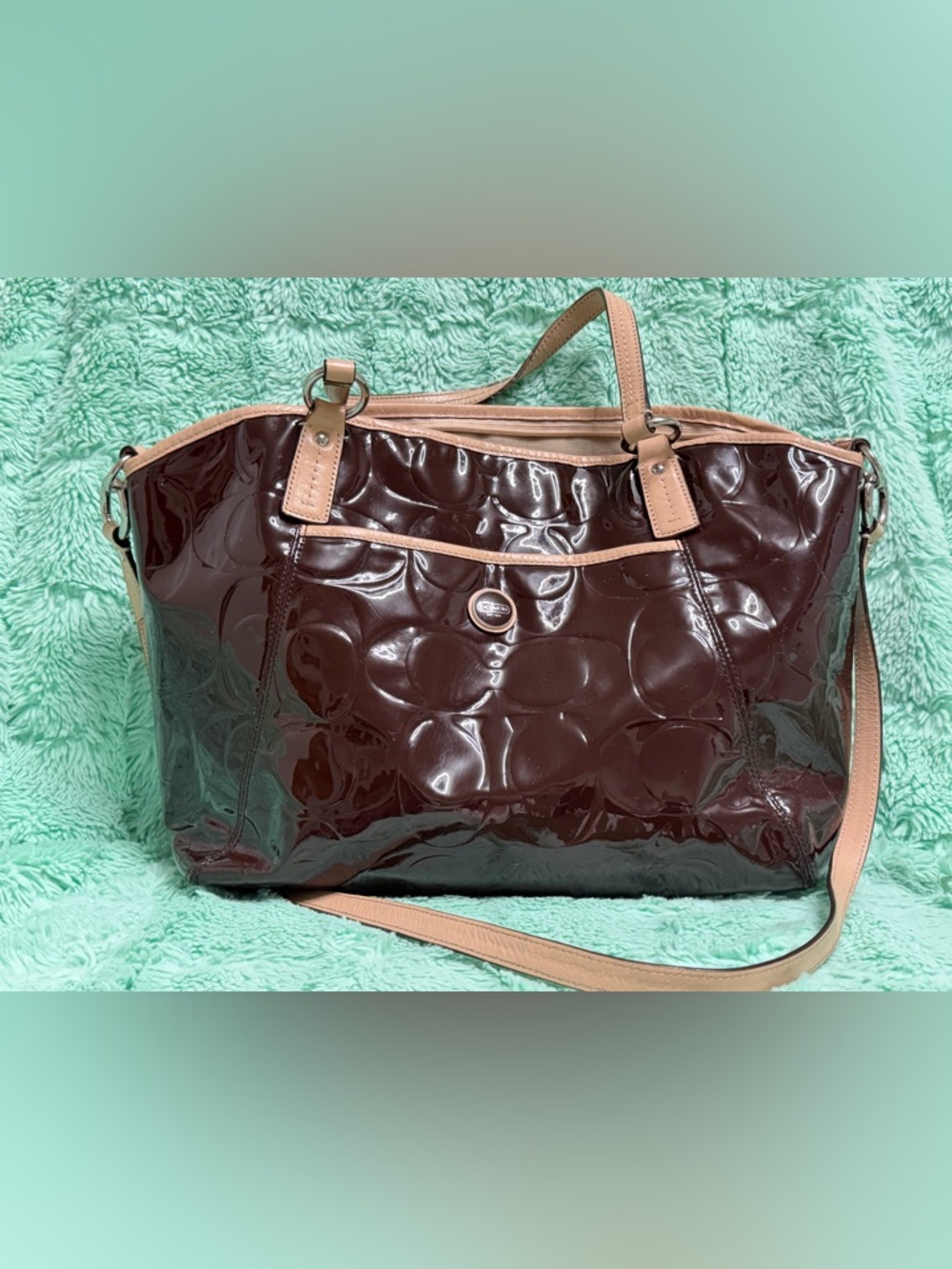 Coach Peyton patent leather signature tote in rich chocolate brown